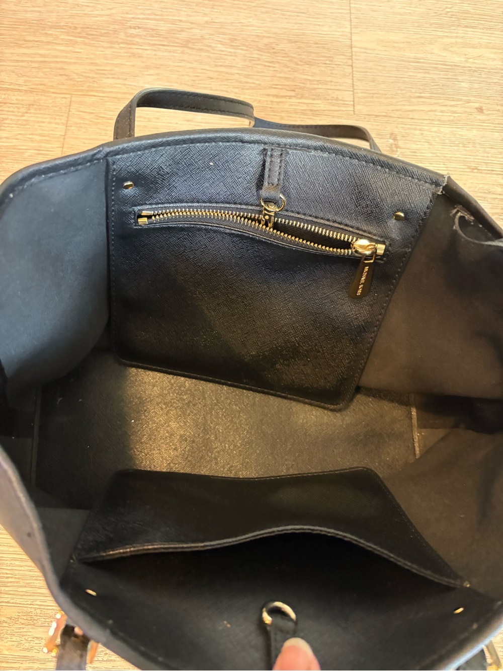 Black Leather Tote Bag with Interior Zip Pocket